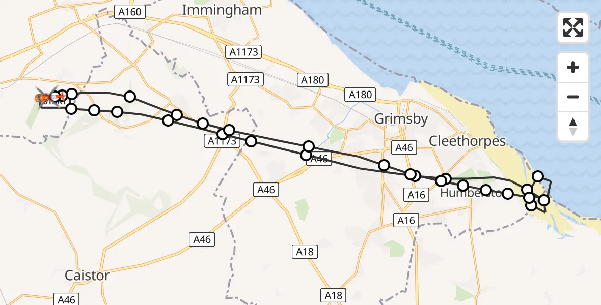 Flight path map showing Coastguard Helicopter route from Humberside Airport to Humberside Airport