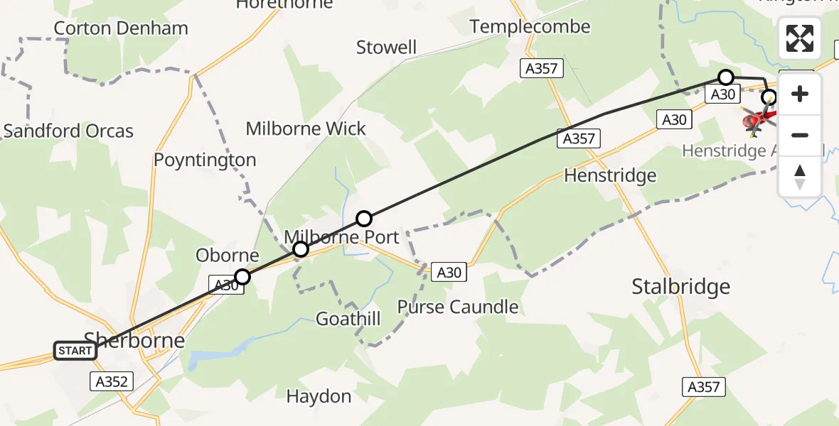 Flight path map showing Air Ambulance Helicopter route from Sherborne to Henstridge Airfield