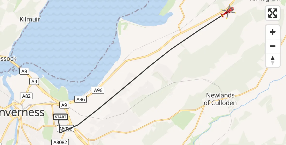 Flight path map showing Air Ambulance Helicopter route from Inverness to Tornagrain