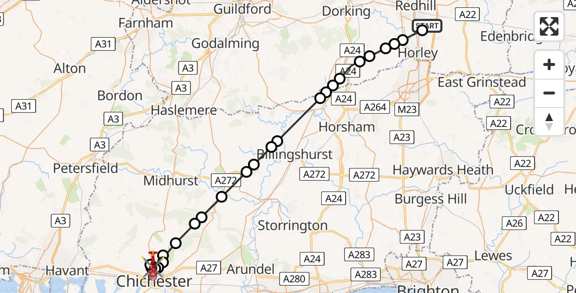 Flight path map showing Air Ambulance Helicopter route from Redhill Aerodrome to Lavant