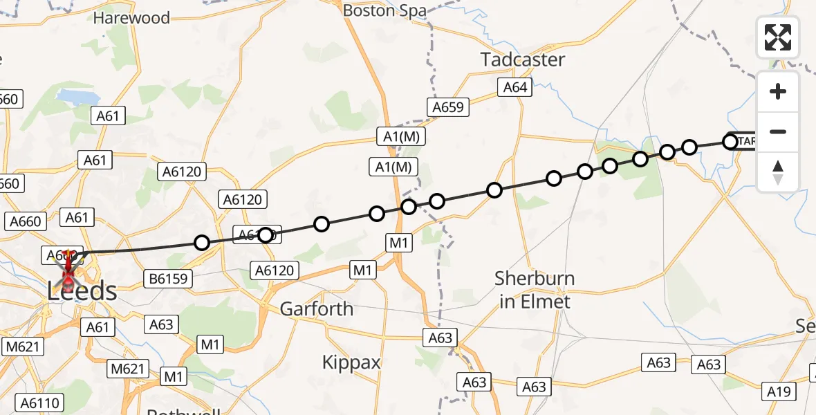 Flight path map showing Air Ambulance Helicopter route from Stillingfleet to Leeds