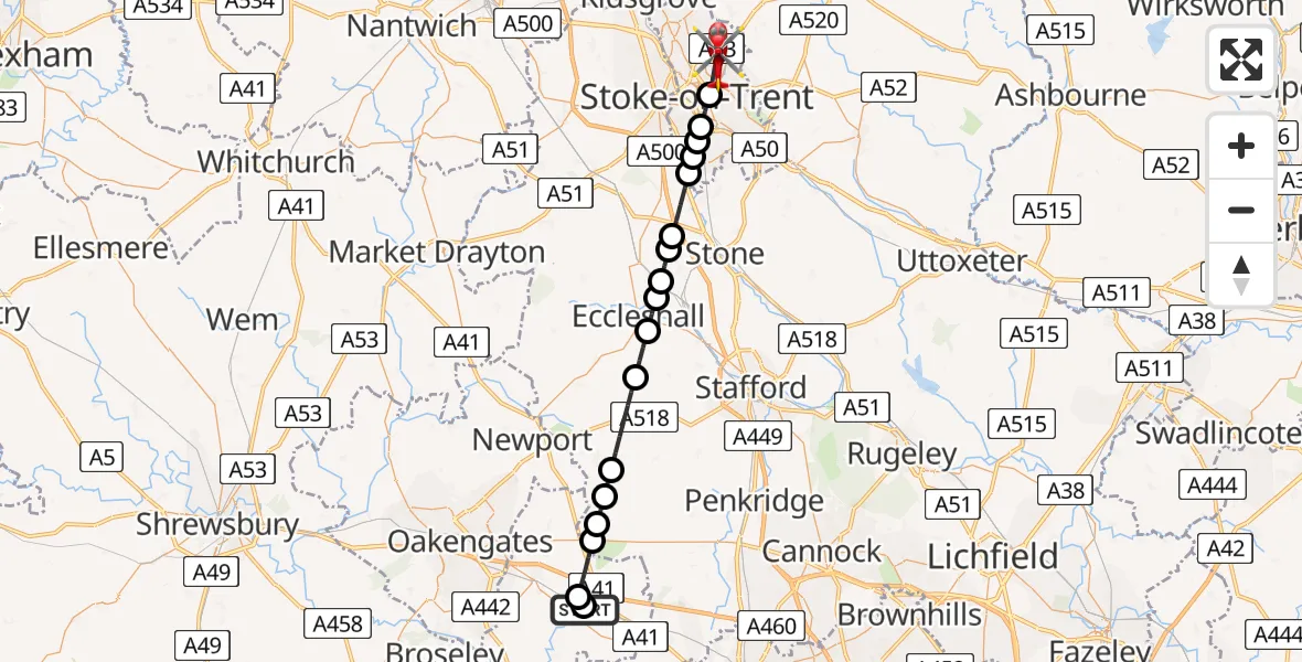 Flight path map showing Air Ambulance Helicopter route from RAF Cosford to Hanley