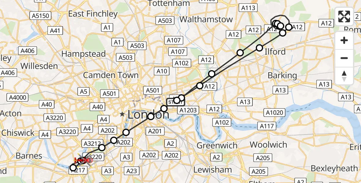 Flight path map showing Air Ambulance Helicopter route from Royal London Hospital to London Heliport