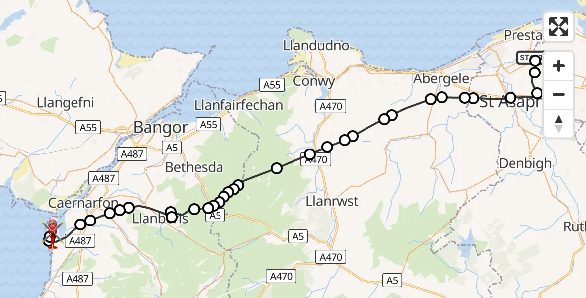 Flight path map showing Air Ambulance Helicopter route from Meliden to Caernarfon Airport
