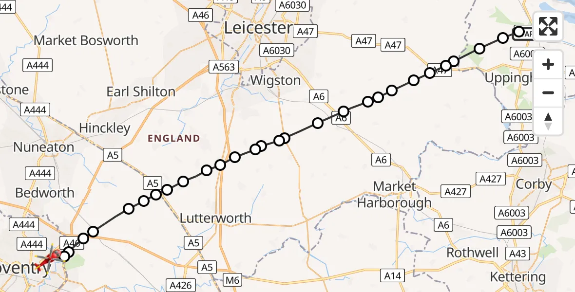 Routekaart van de vlucht: Air Ambulance Helicopter to Coventry, Hermitage Road