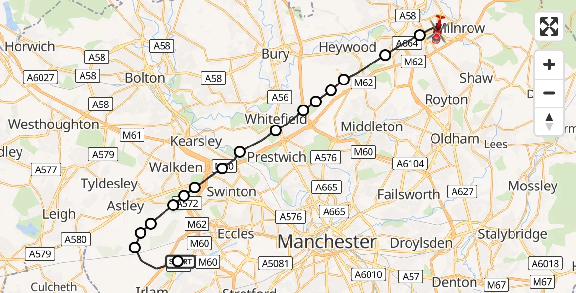 Flight path map showing Air Ambulance Helicopter route from Manchester Barton Aerodrome to Milnrow