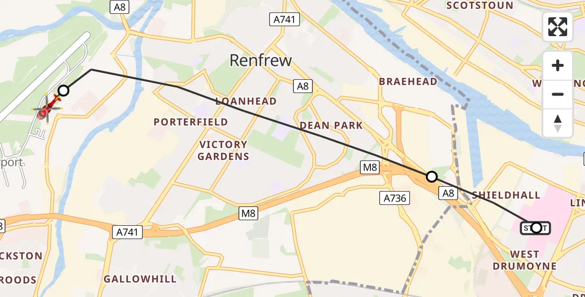 Flight path map showing Air Ambulance Helicopter route from Queen Elizabeth Hospital to Glasgow Airport