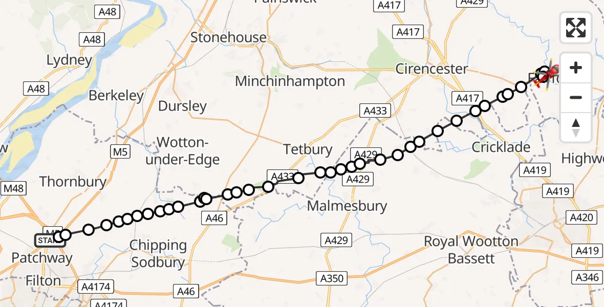 Flight path map showing Air Ambulance Helicopter route from Almondsbury Helicopter Base to Fairford