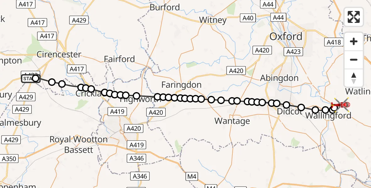 Flight path map showing Air Ambulance Helicopter route from Cotswold Airport to RAF Benson