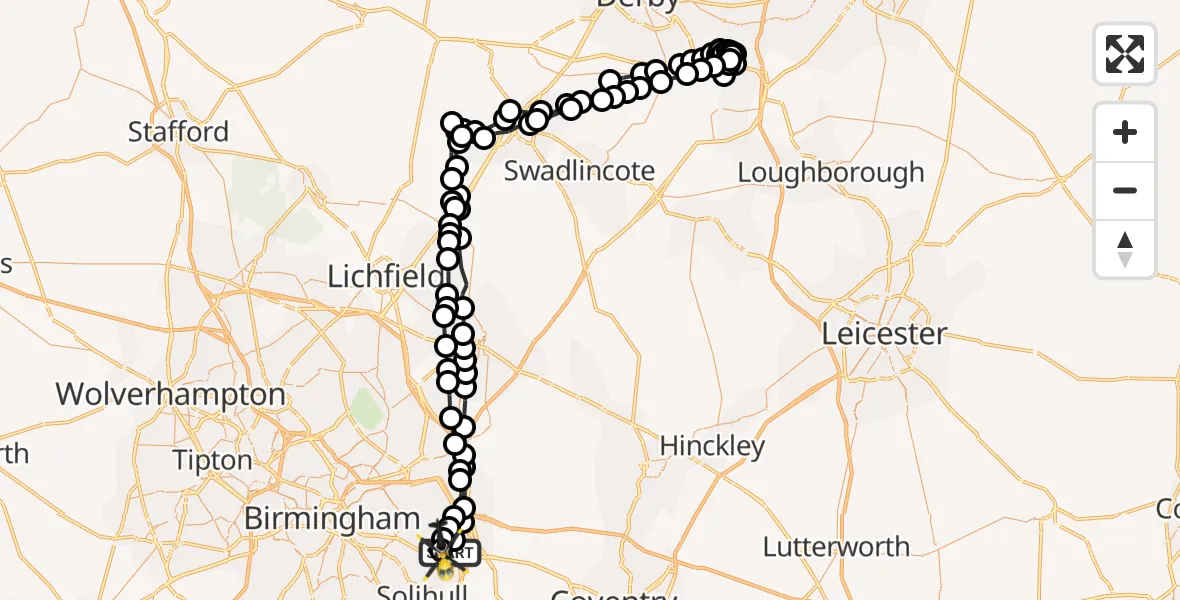 Flight route Police Helicopter Birmingham Airport - Birmingham Airport, 18 March 2026, 16:31