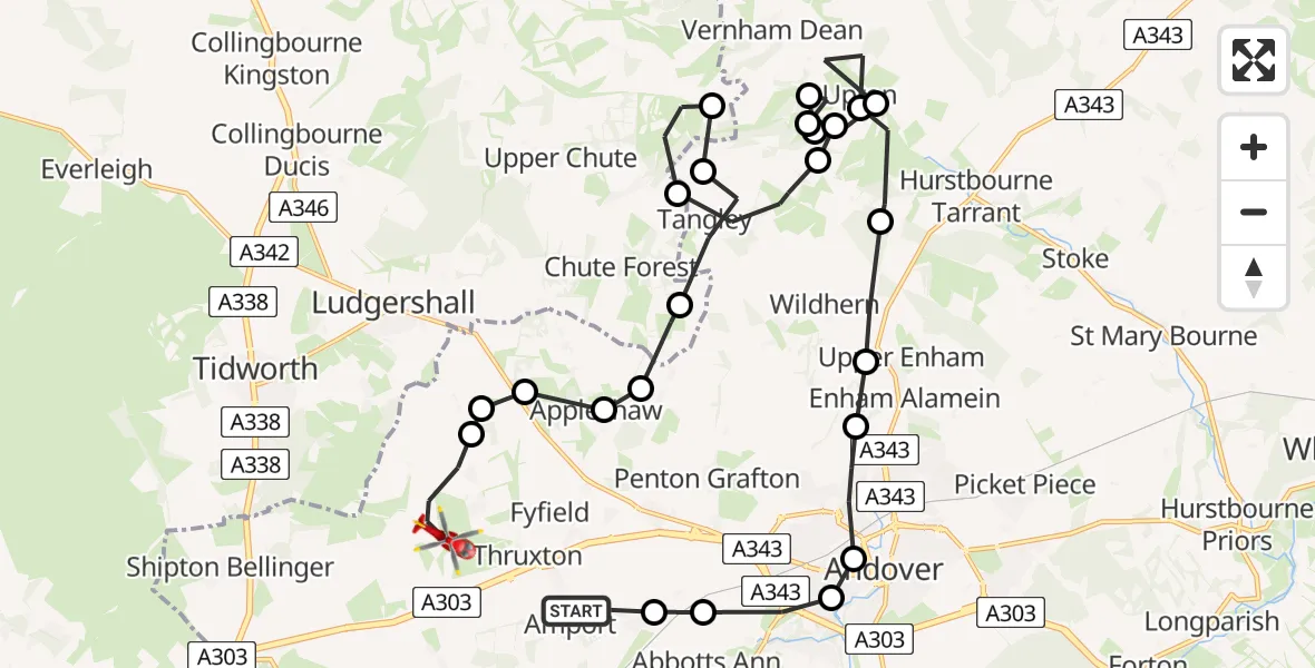 Flight path map showing Air Ambulance Helicopter route from Amport to Kimpton