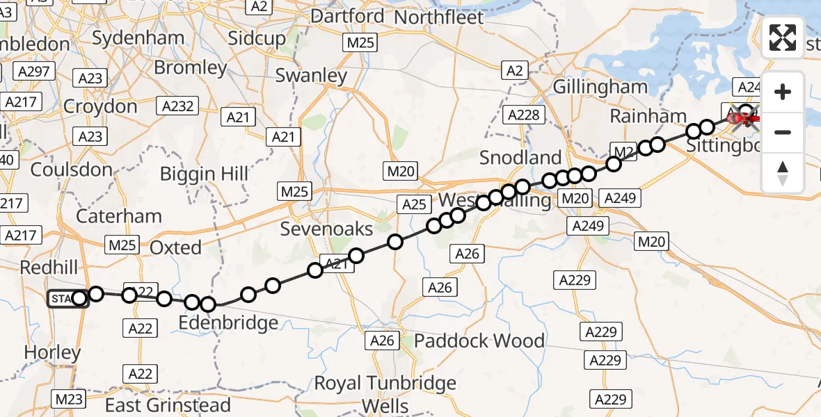 Flight path map showing Air Ambulance Helicopter route from Redhill Aerodrome to Kemsley