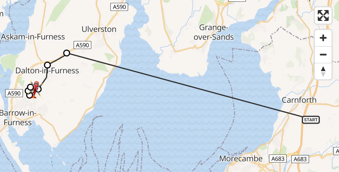 Flight path map showing Air Ambulance Helicopter route from Nether Kellet to Dalton-in-Furness