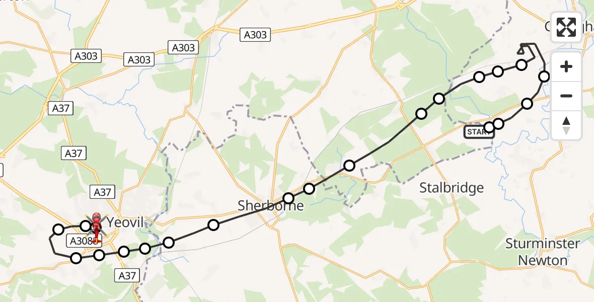 Flight path map showing Air Ambulance Helicopter route from Henstridge Airfield to Yeovil