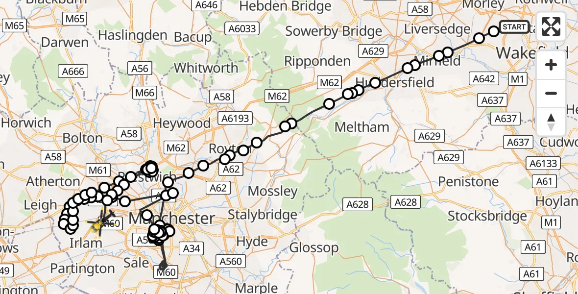 Flight path map showing Police Helicopter route from East Ardsley to Worsley