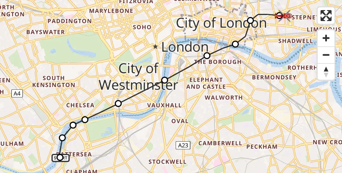 Flight path map showing Air Ambulance Helicopter route from London Heliport to Royal London Hospital