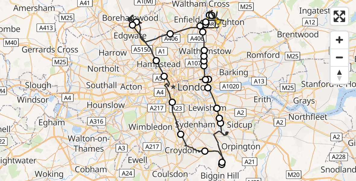 Flight path map showing Police Helicopter route from London Borough of Waltham Forest to Metropolitan Police Air Support Unit Lippitts Hill