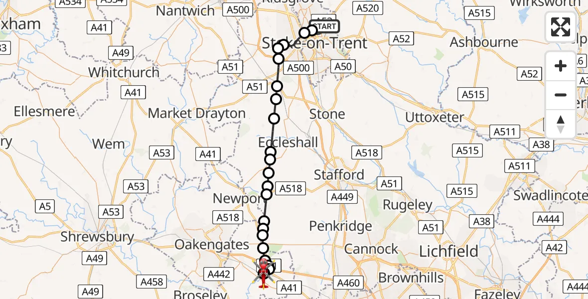 Flight path map showing Air Ambulance Helicopter route from Hanley to Cosford