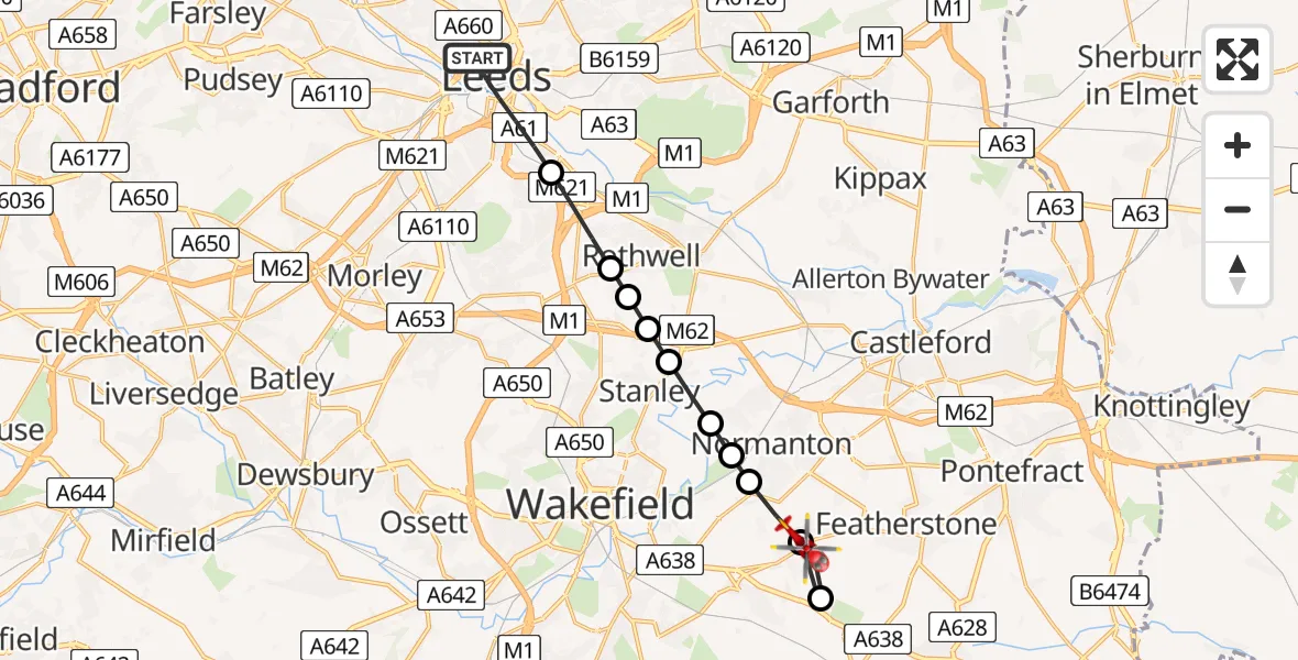 Flight path map showing Air Ambulance Helicopter route from Leeds to Sharlston