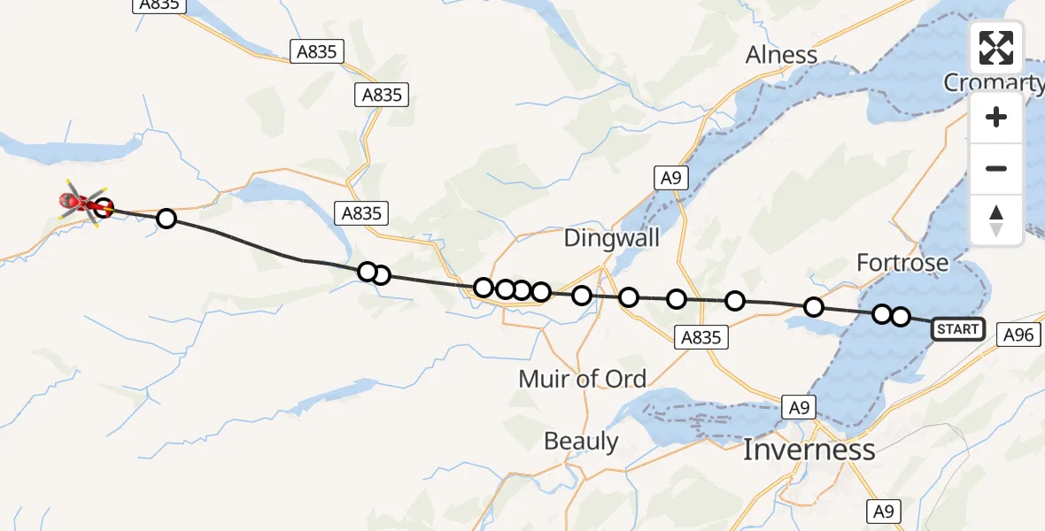 Flight path map showing Air Ambulance Helicopter route from Inverness to Achnasheen
