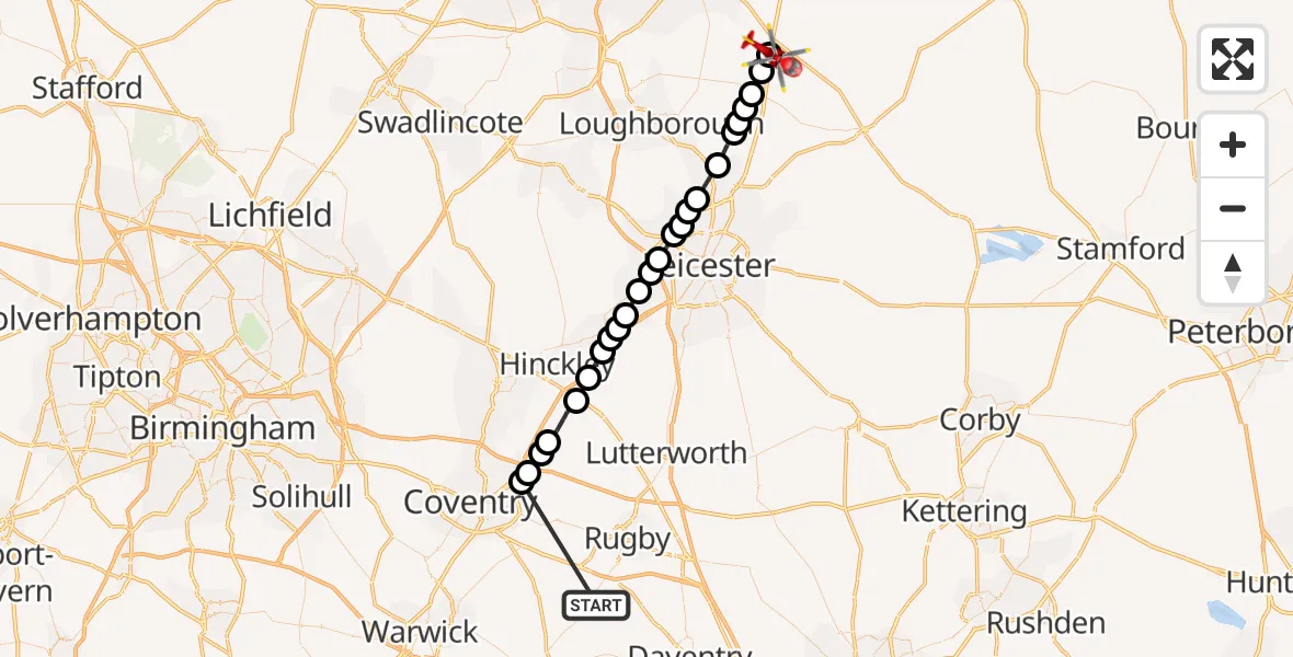 Flight path map showing Air Ambulance Helicopter route from Leamington Hastings CP to Nottingham Heliport