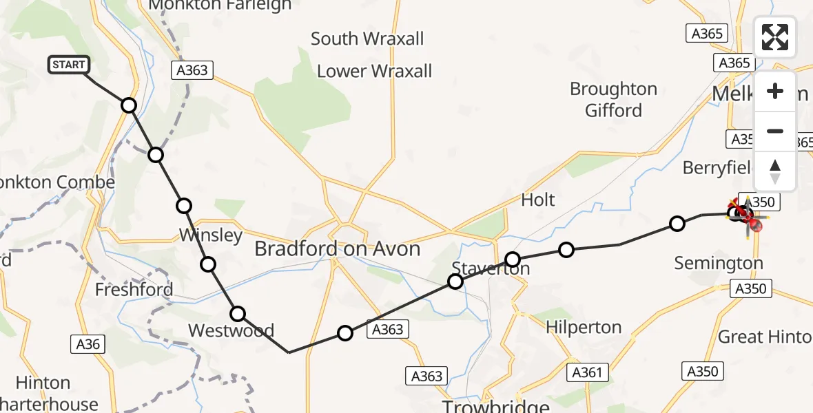 Flight path map showing Air Ambulance Helicopter route from Bath to Melksham