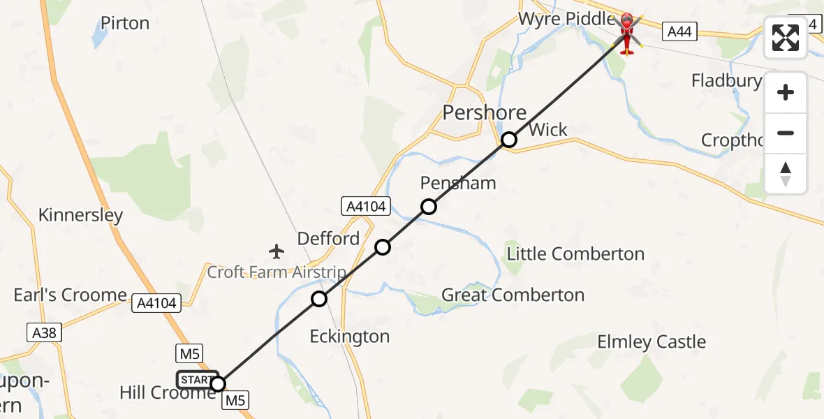 Flight path map showing Air Ambulance Helicopter route from Hill Croome to Lower Moor