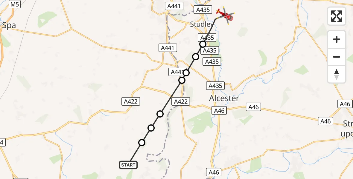 Flight path map showing Air Ambulance Helicopter route from Rous Lench to Studley CP