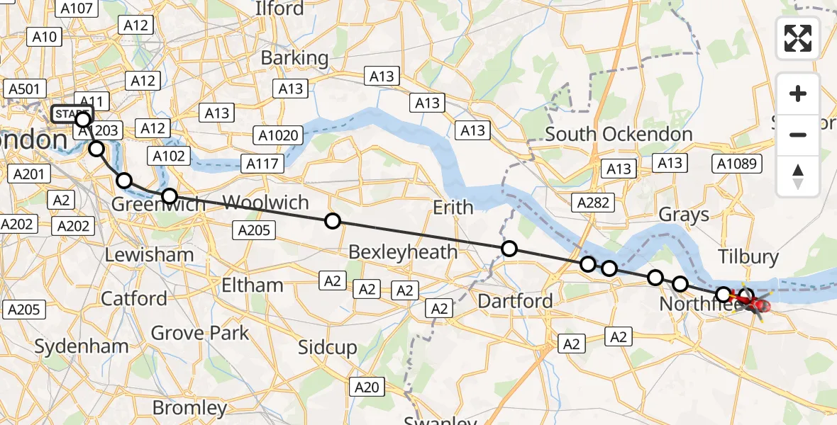 Flight path map showing Air Ambulance Helicopter route from Royal London Hospital to Gravesend