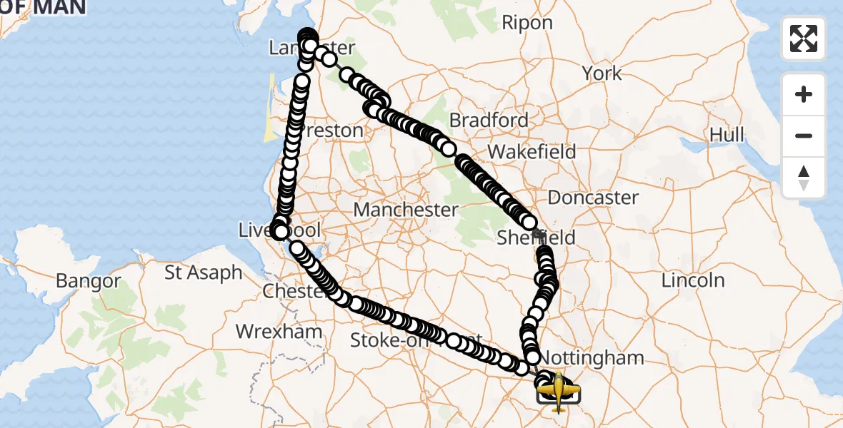 Flight path map showing Police Aircraft route from East Midlands Airport to East Midlands Airport