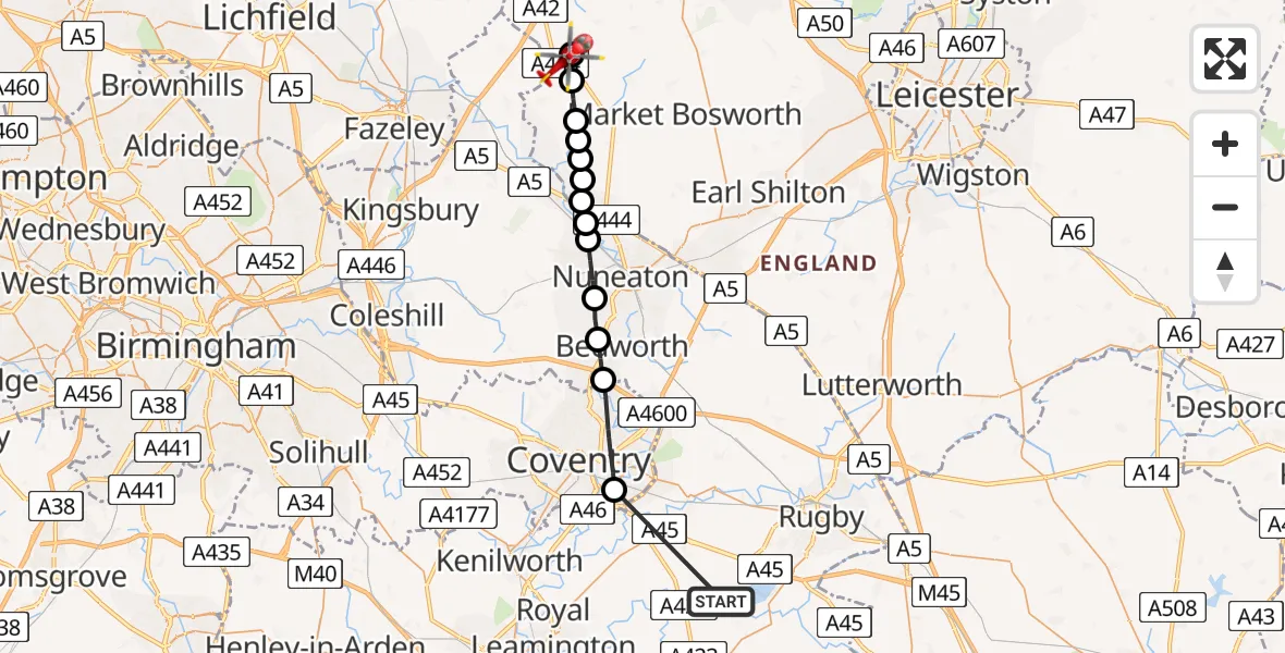 Routekaart van de vlucht: Air Ambulance Helicopter to Norton Juxta Twycross, Chapel Lane