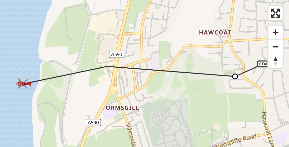 Routekaart van de vlucht: Air Ambulance Helicopter to North Scale, Cocken Lane (Public Rights of Way across Walney Channel are dangerous. Seek local Guidance.. See Note)