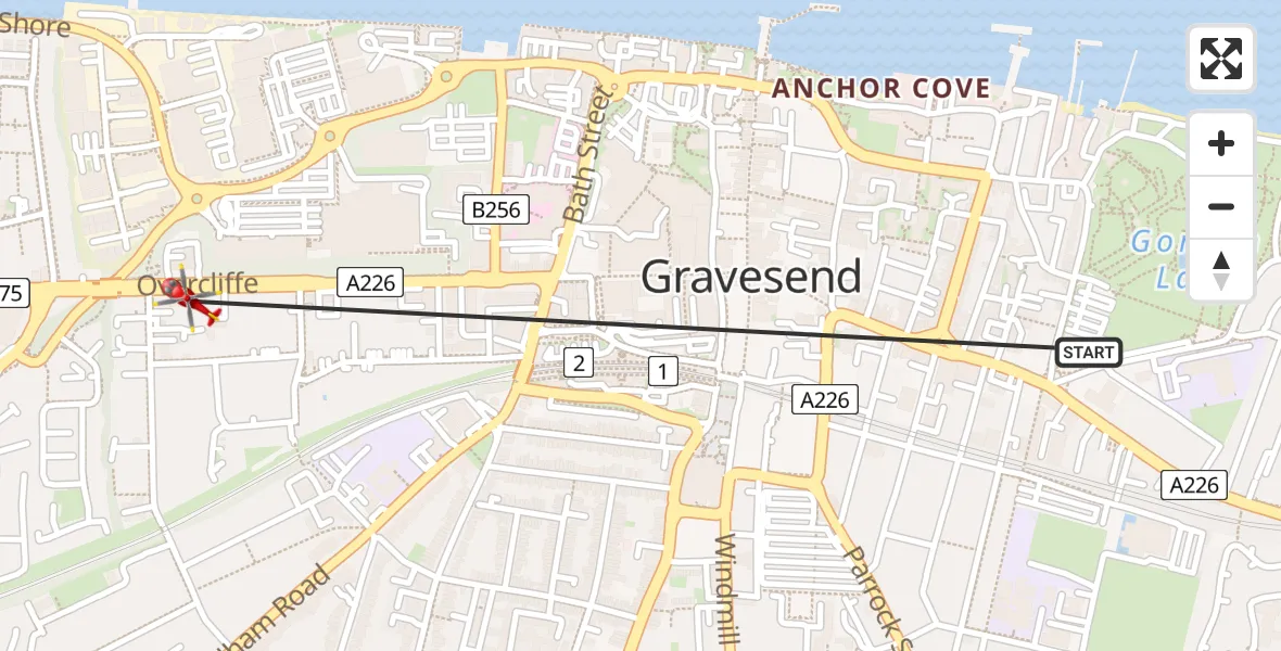 Flight path map showing Air Ambulance Helicopter route from Gravesend to Gravesend