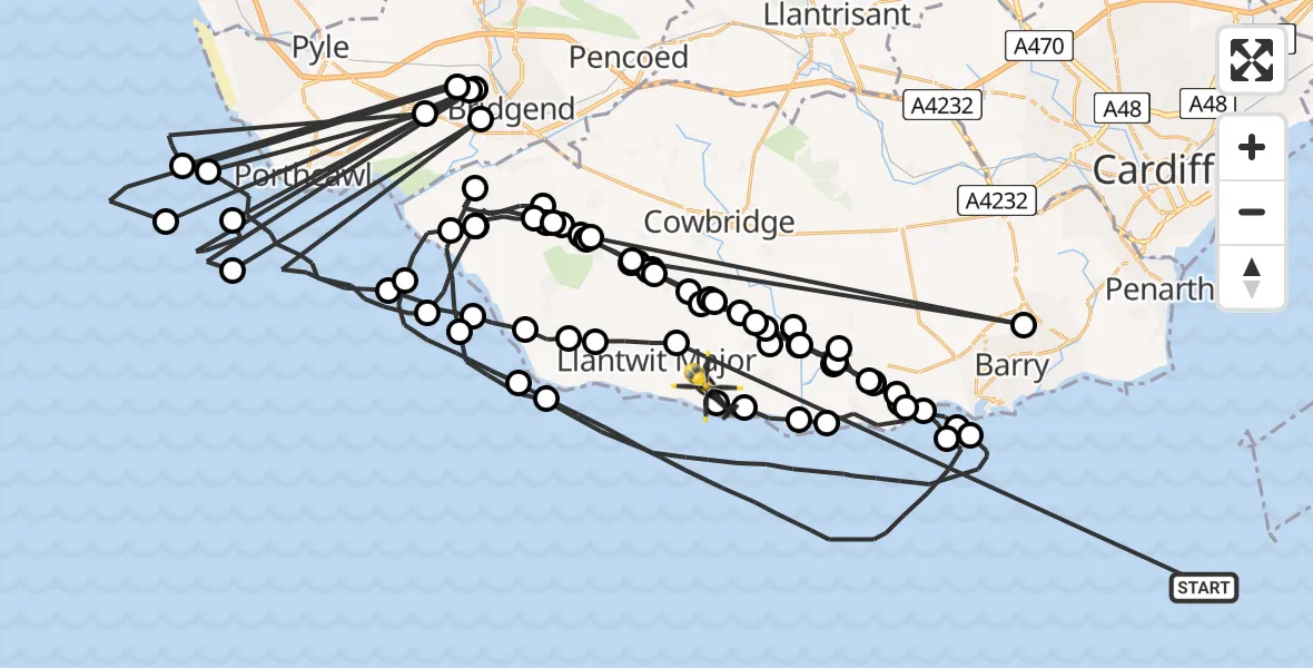 Flight path map showing Police Helicopter route from Bristol Channel to Boverton