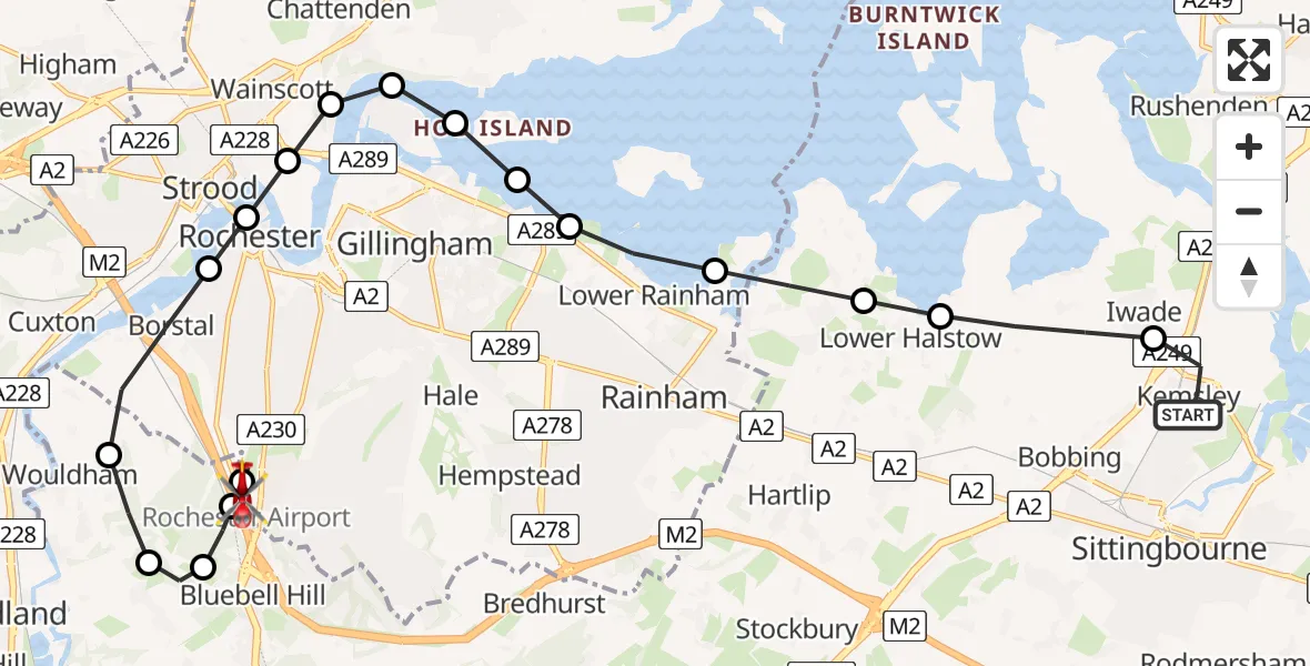 Flight path map showing Air Ambulance Helicopter route from Kemsley to Rochester Airport