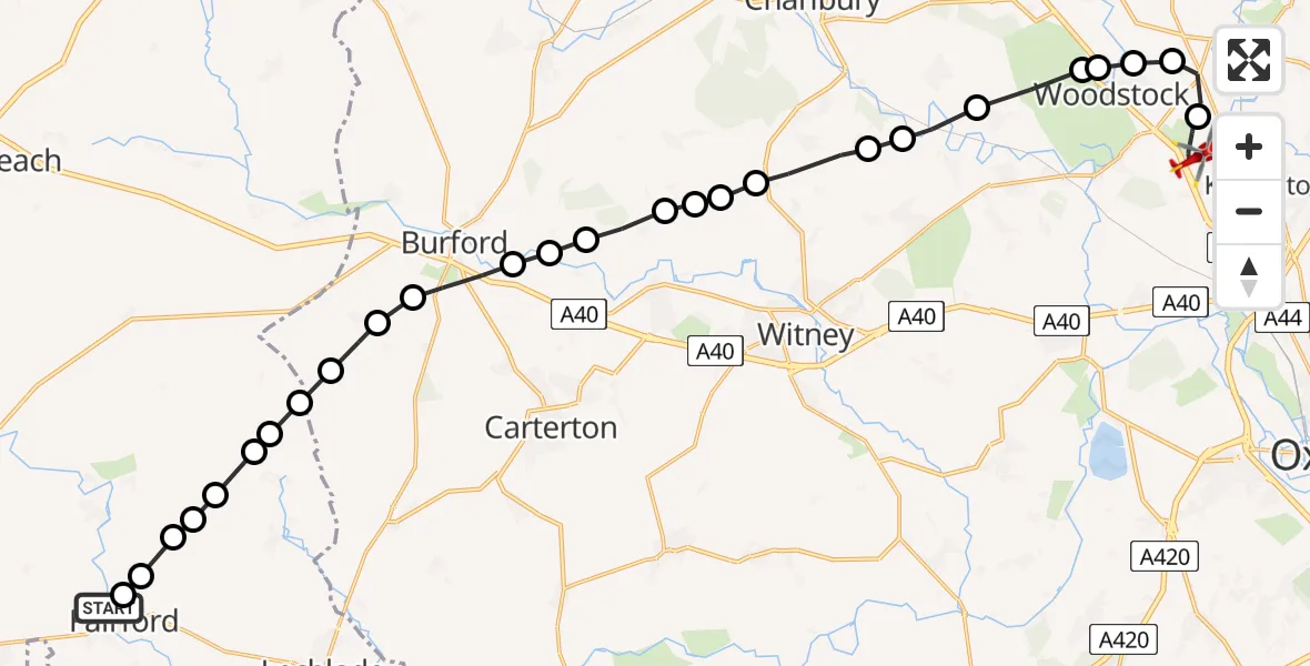 Flight path map showing Air Ambulance Helicopter route from Fairford to London Oxford Airport