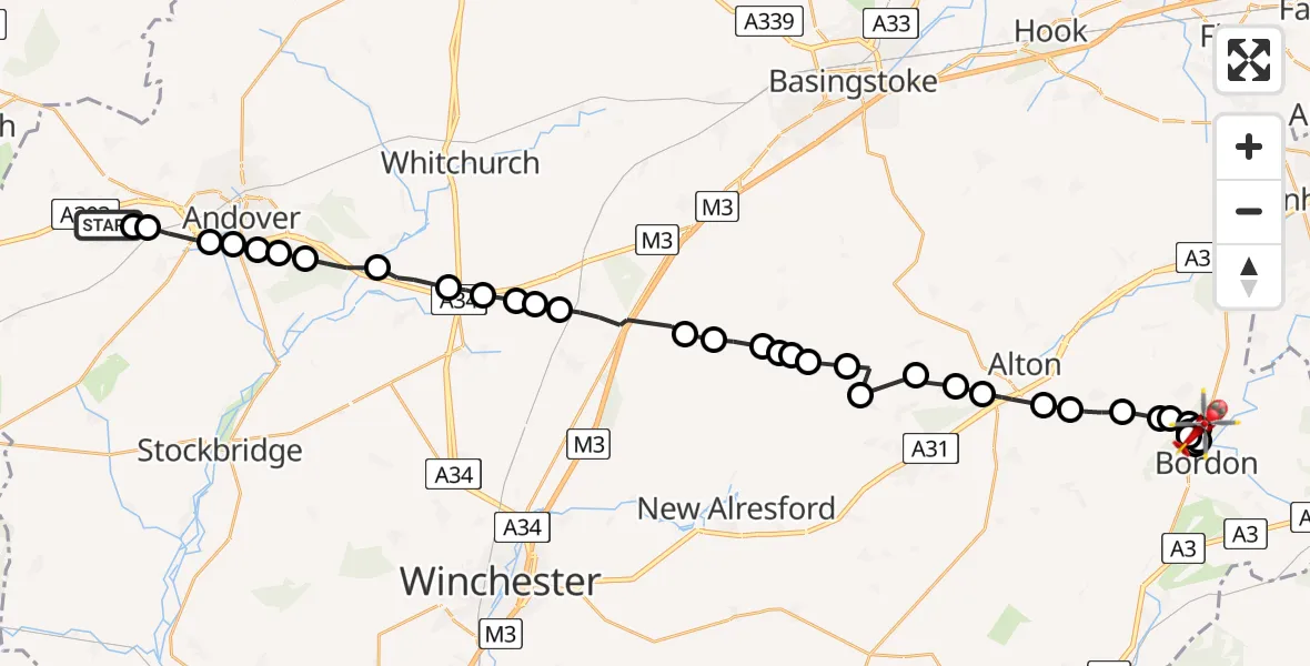 Flight path map showing Air Ambulance Helicopter route from Monxton to Lindford