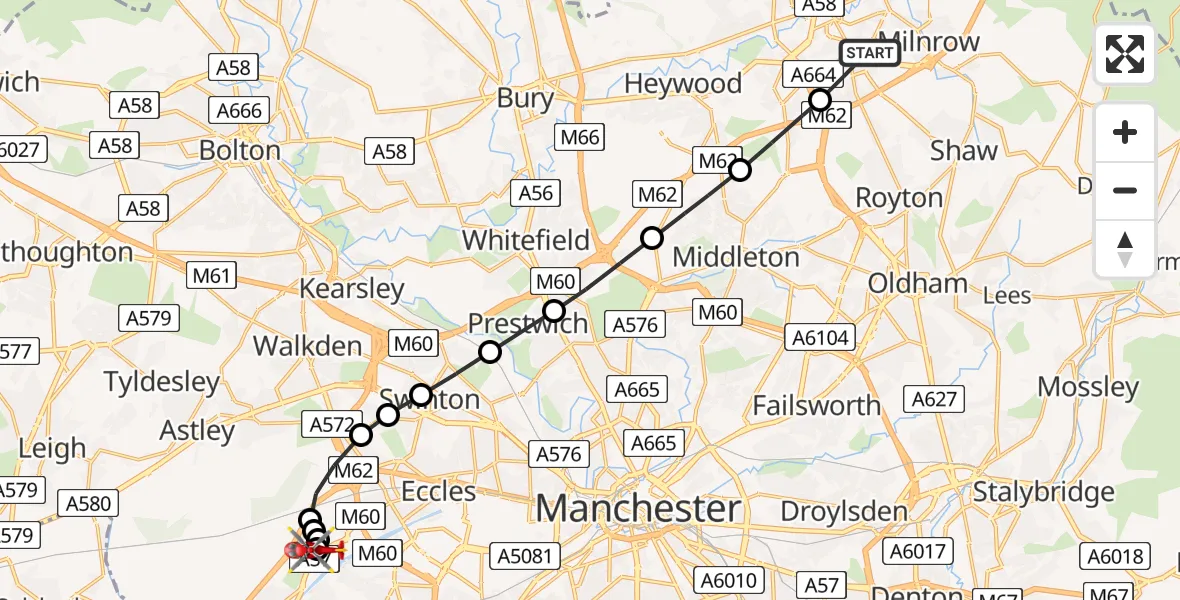 Flight path map showing Air Ambulance Helicopter route from Milnrow to Irlam