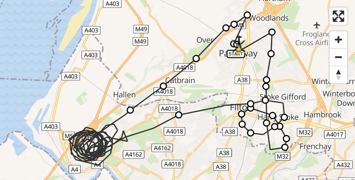 Flight path map showing Police Helicopter route from Patchway to Bristol