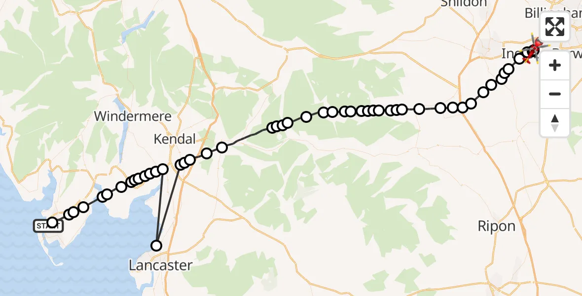 Flight path map showing Air Ambulance Helicopter route from Hawcoat to Egglescliffe