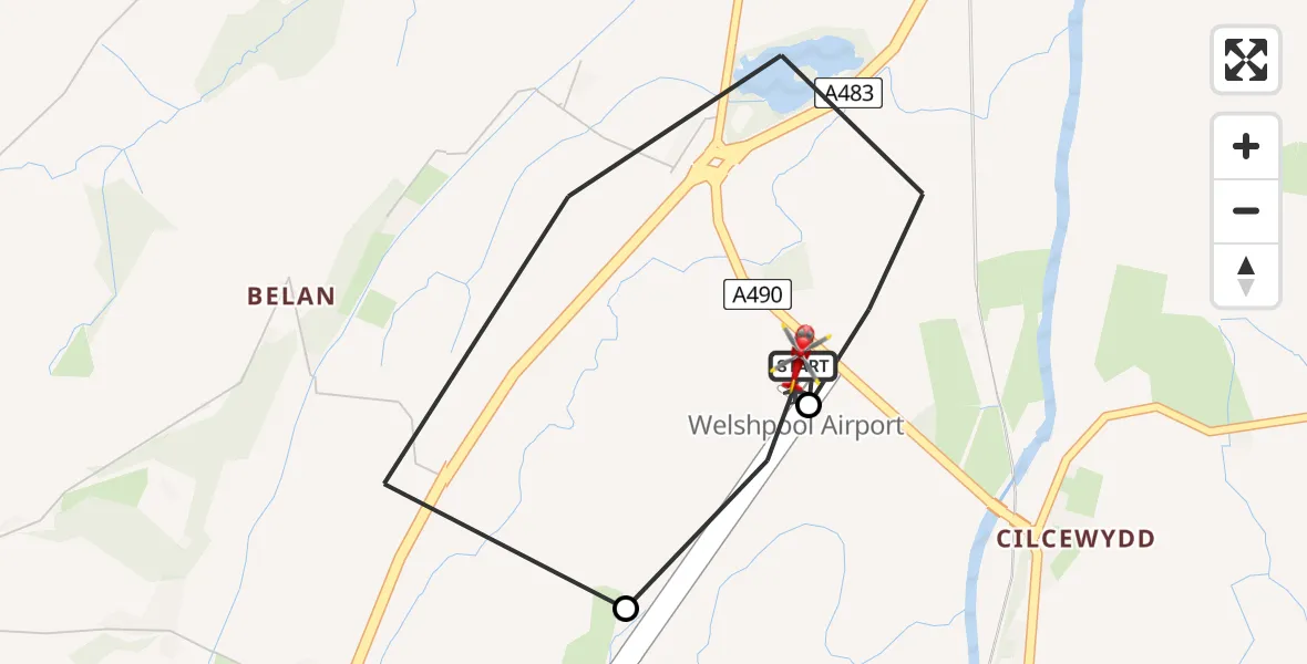 Flight path map showing Air Ambulance Helicopter route from Welshpool Airport to Welshpool Airport
