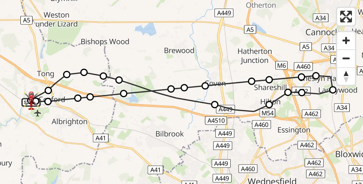 Flight path map showing Air Ambulance Helicopter route from RAF Cosford to Cosford