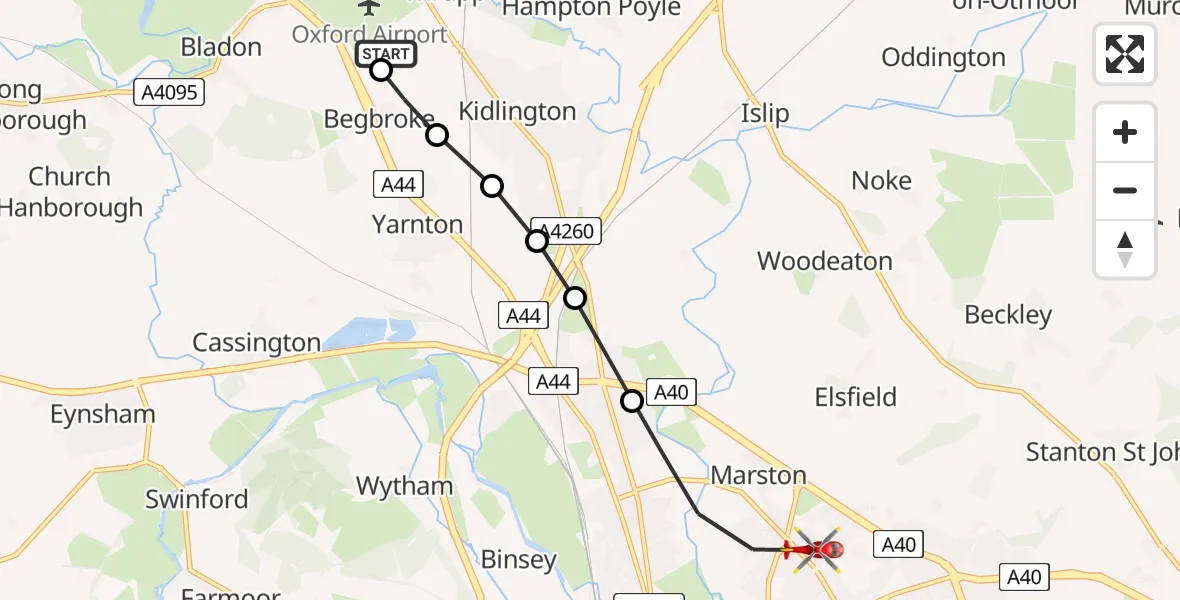 Flight path map showing Air Ambulance Helicopter route from London Oxford Airport to Oxford