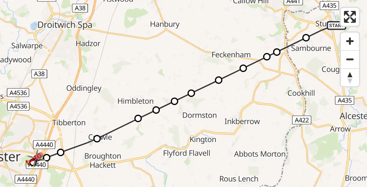 Flight path map showing Air Ambulance Helicopter route from Studley CP to Worcester