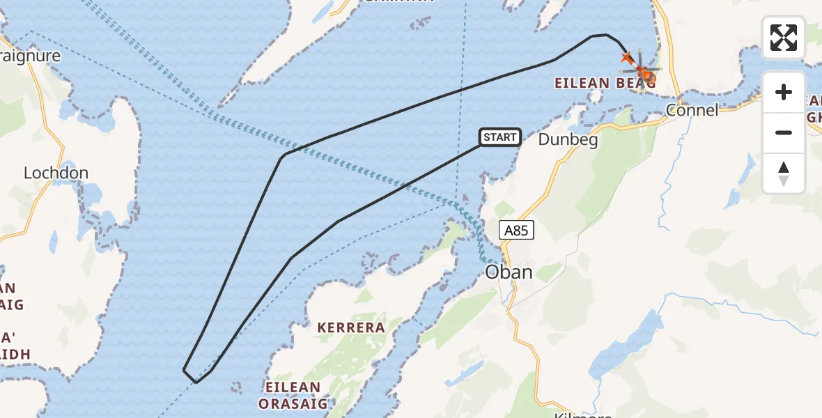 Flight path map showing Coastguard Helicopter route from Inner Seas to North Connel