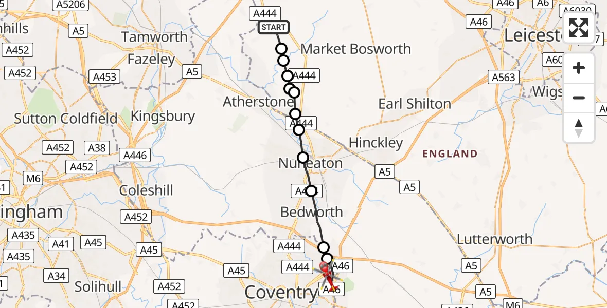Flight path map showing Air Ambulance Helicopter route from Twycross to Coventry