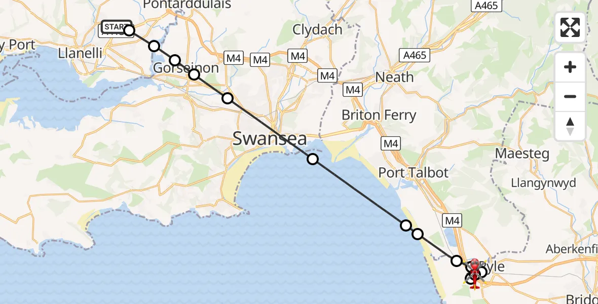 Flight path map showing Air Ambulance Helicopter route from Dafen to North Cornelly