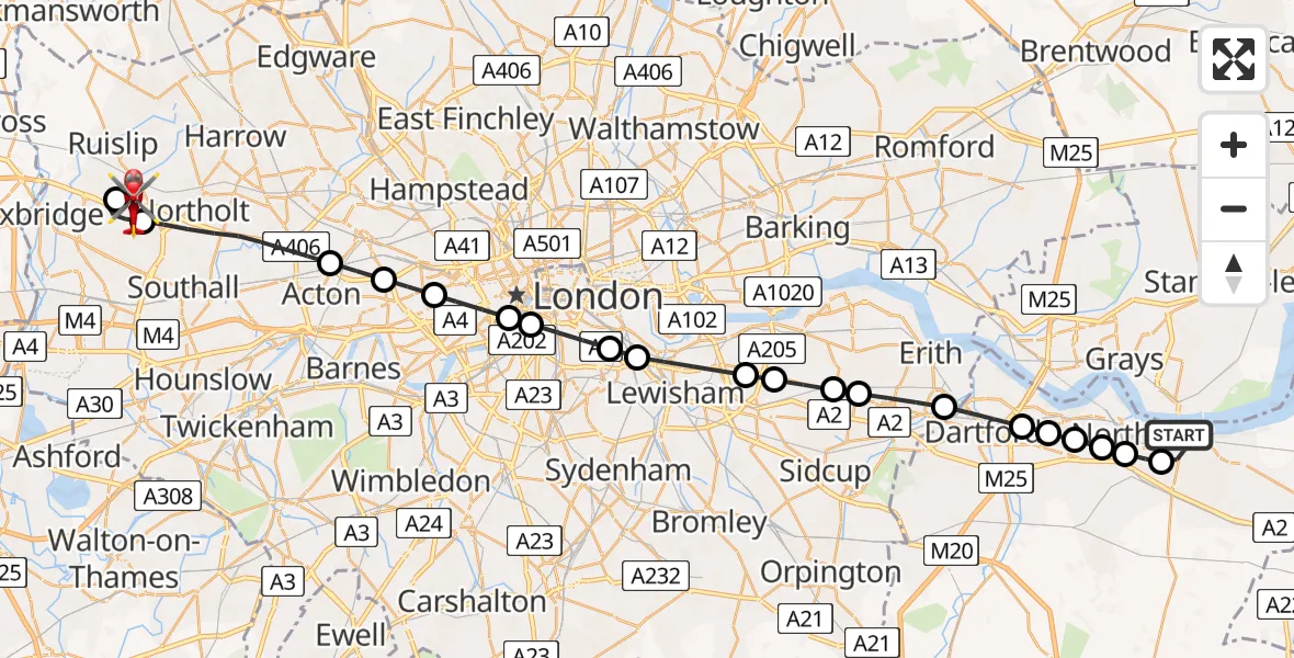 Flight path map showing Air Ambulance Helicopter route from Gravesend to RAF Northolt