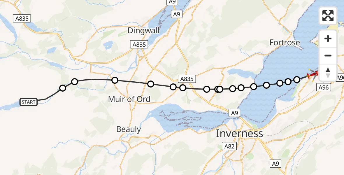 Flight path map showing Air Ambulance Helicopter route from Orrin Reservoir to Dalcross Heliport