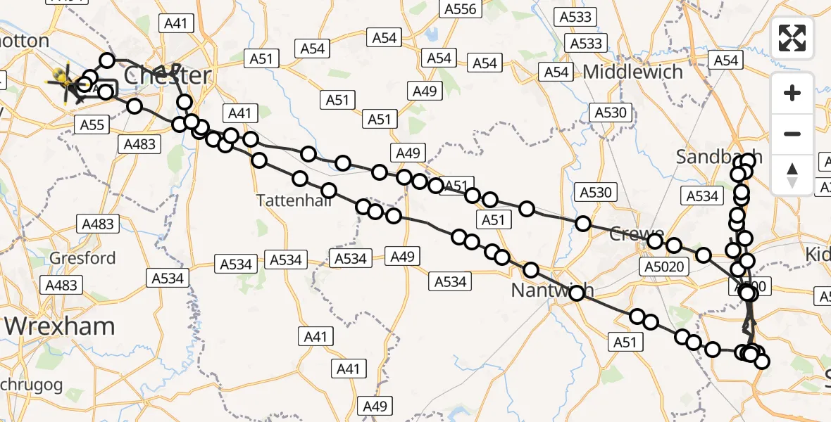Flight path map showing Police Helicopter route from Hawarden Airport to Broughton and Bretton